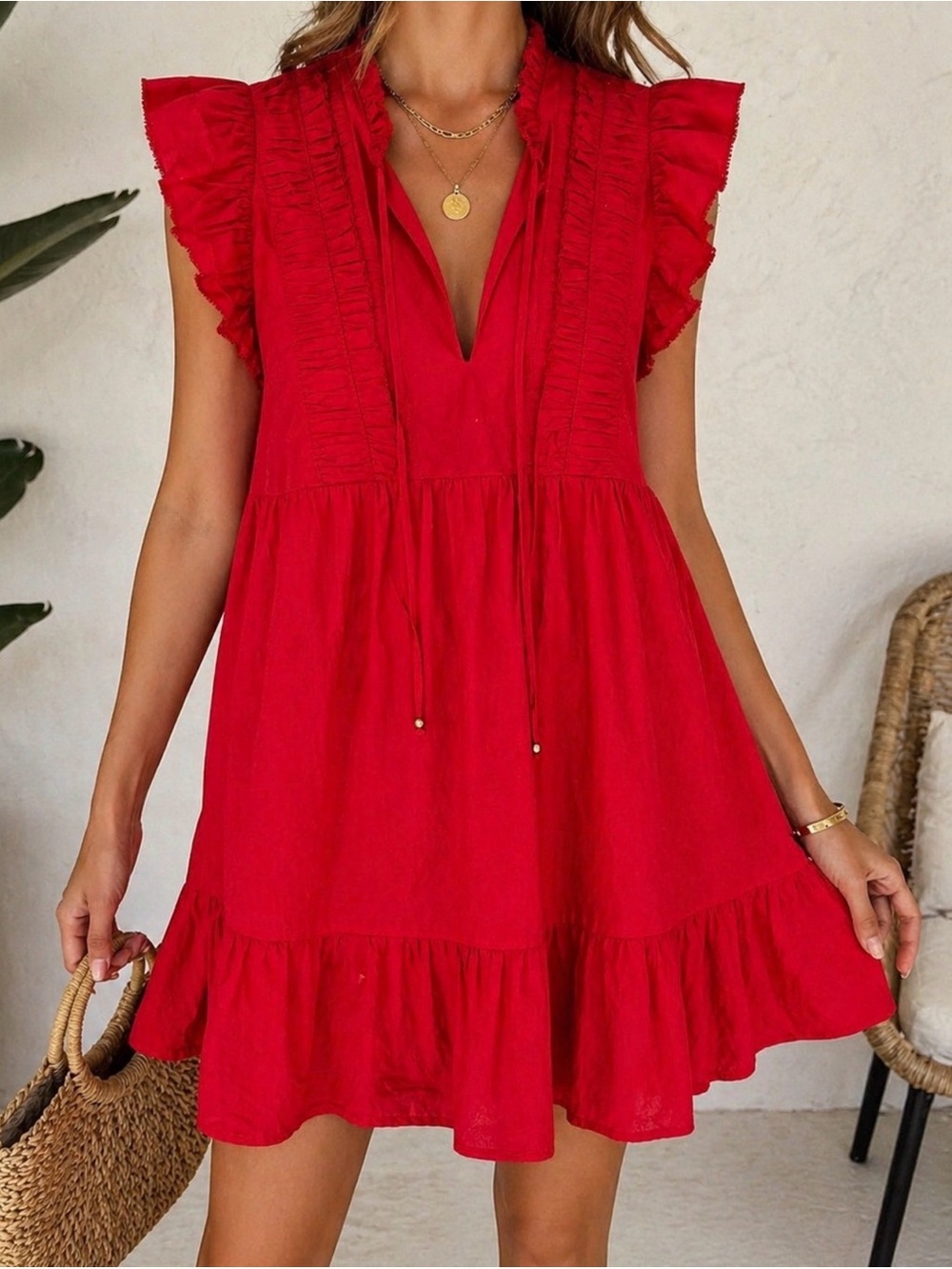 Caroline Constas Red Ruffle Mini Dress XS 100% Cotton Boho Babydoll - Picture 2 of 9